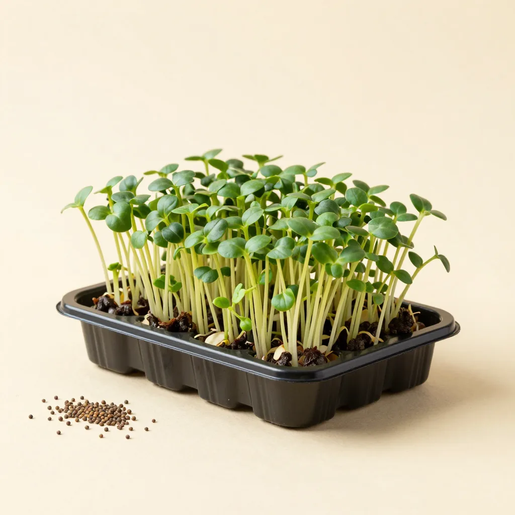 A salad microgreen grow kit with tray and seed on a light background